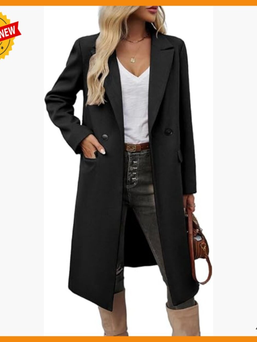 Long Wool Pea Coat Knee Length Overcoat Notch Lapel Side Pockets